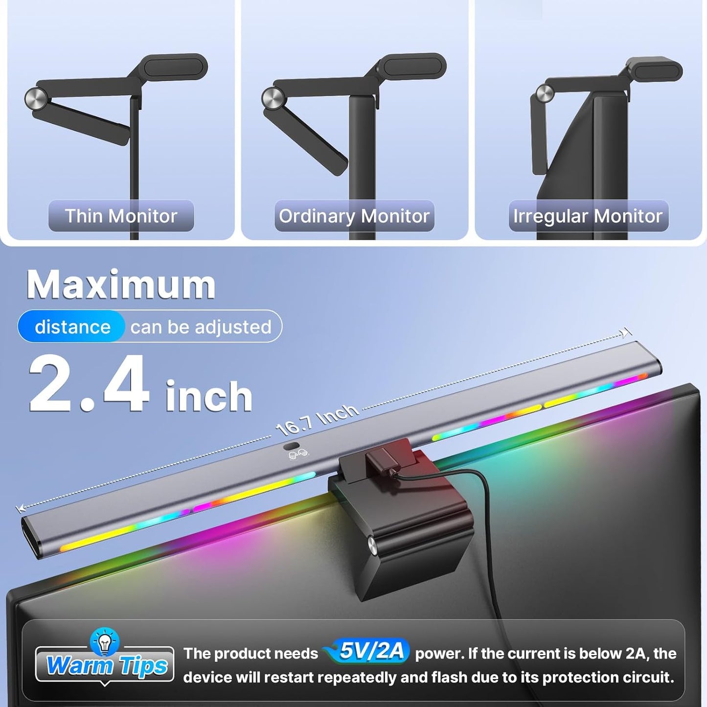 Syrinx Computer Monitor Light Bar with Backlight for Home Office, Eye-Caring USB LED Reading Lamp, Dimmable Screen Monitor Lamp, Smart Motion Sensor, Touch Control, CRI 95+, No Screen Glare for (RGB)