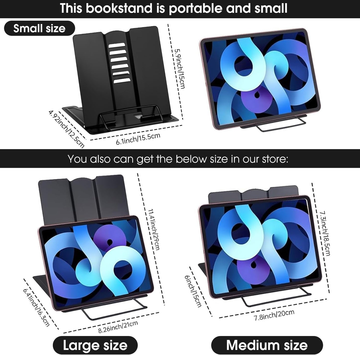 MSDADA Small Desk Book Stand Metal Reading Rest Book Holder Adjustable Cookbook Documents Holder Portable Sturdy Bookstands for Recipes Textbooks Tablet Music Books(Black)