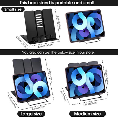 MSDADA Small Desk Book Stand Metal Reading Rest Book Holder Adjustable Cookbook Documents Holder Portable Sturdy Bookstands for Recipes Textbooks Tablet Music Books(Black)