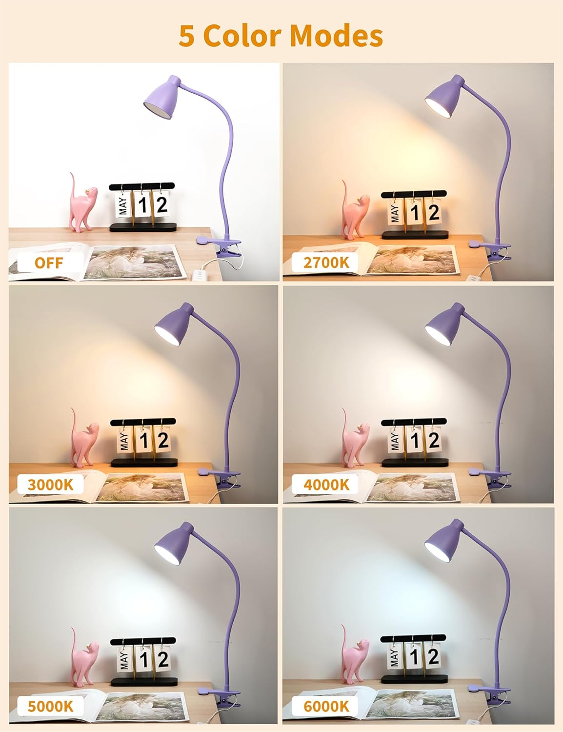 BOHON Clip on Light, 10W 38 LED Desk Lamp with Clamp, 5 Color 10 Brightness Auto Off Timer, Flexible Neck Clip Lamp, Desk Lights for Office Home Bed Bedside Reading, Bright Yellow