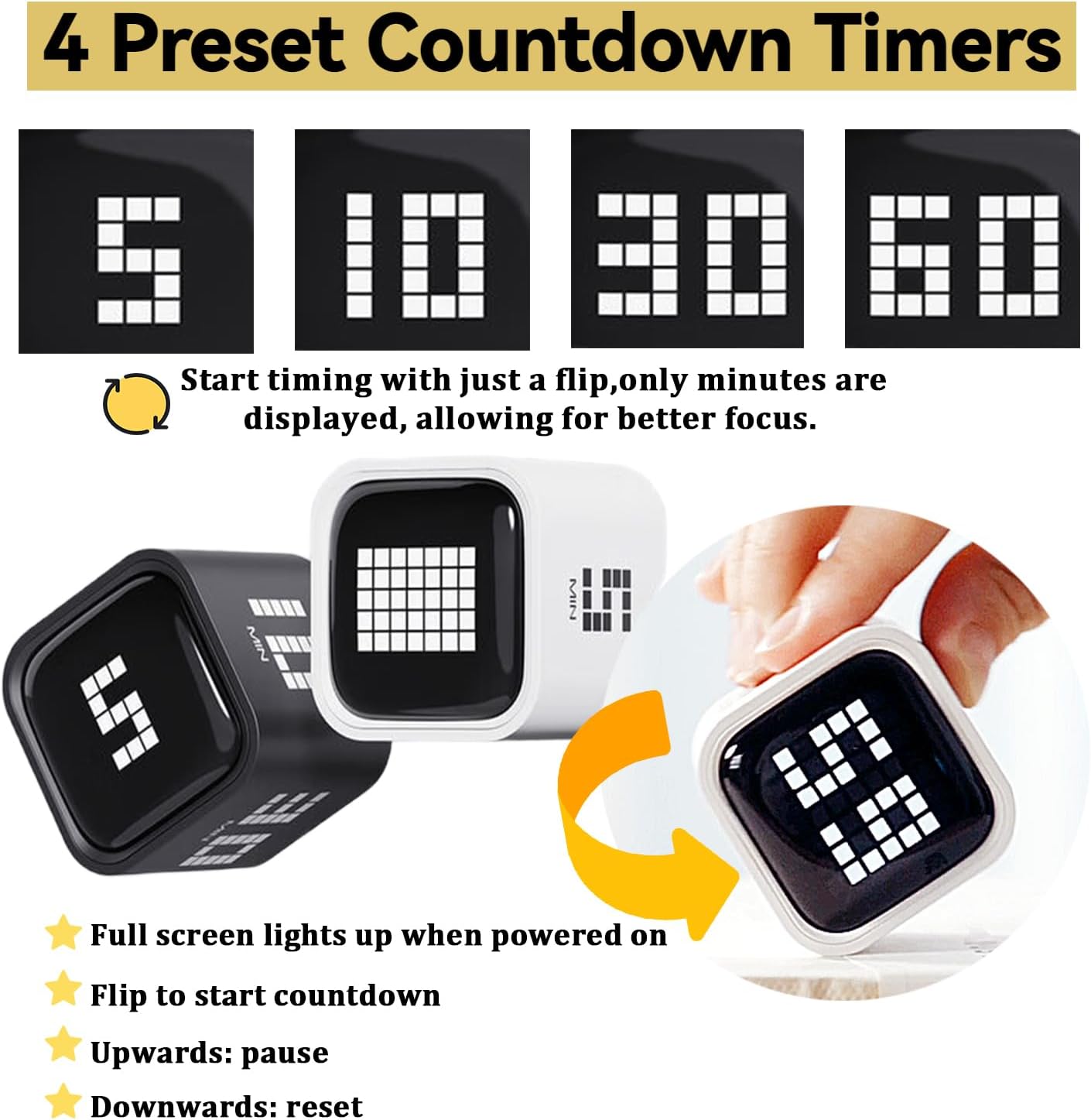 Rotating Digital Cube Timer with Gravity Sensor, 5/10/30/60 Min Preset & Custom Up to 99 Min, USB-C Rechargeable Stopwatch, Vibration Volume Mute Alert for Pomodoro Focus Study Kitchen (Black)