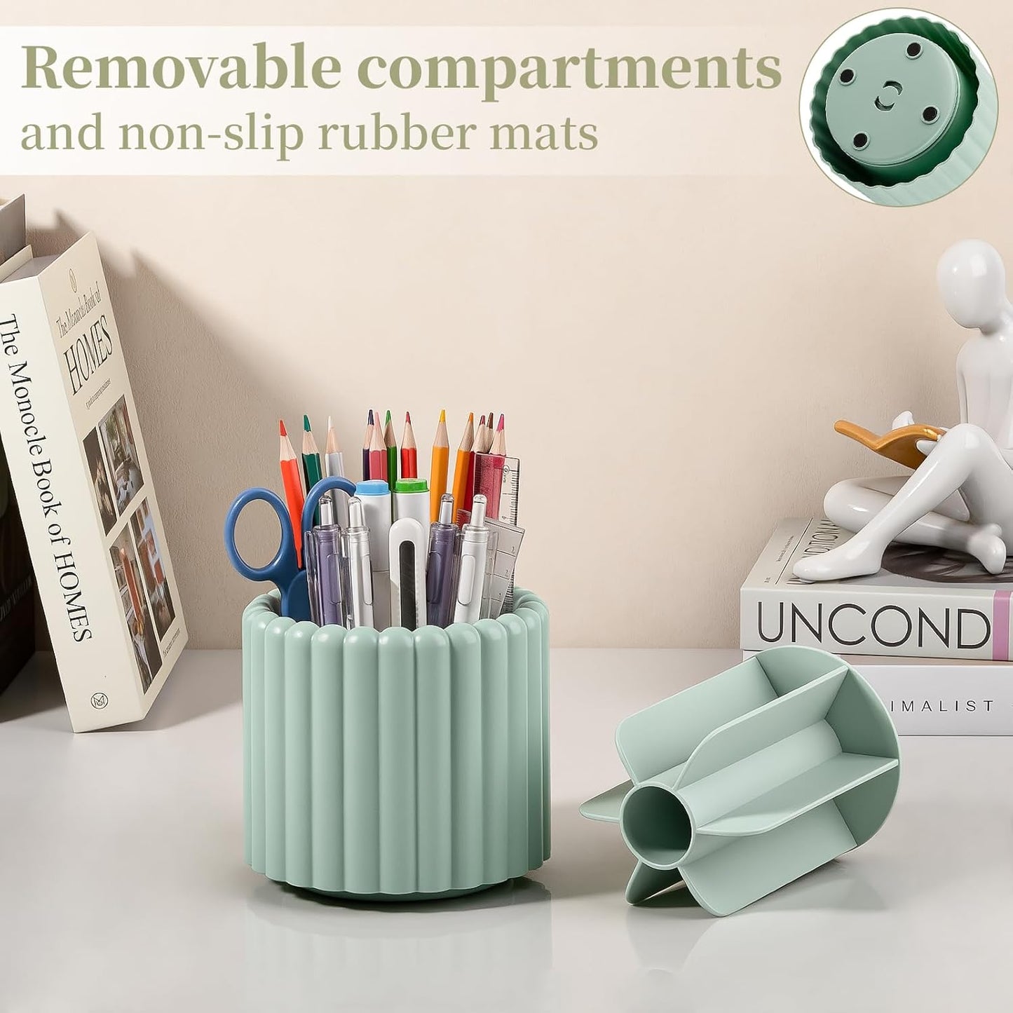 Anyoifax 360° Rotating Pen Holder 7 Slots Desk Organizer Removable Pencil Cup Plastic Art Supplies and Accessories Desktop Storage Box Caddy for Office, School, Home (White)