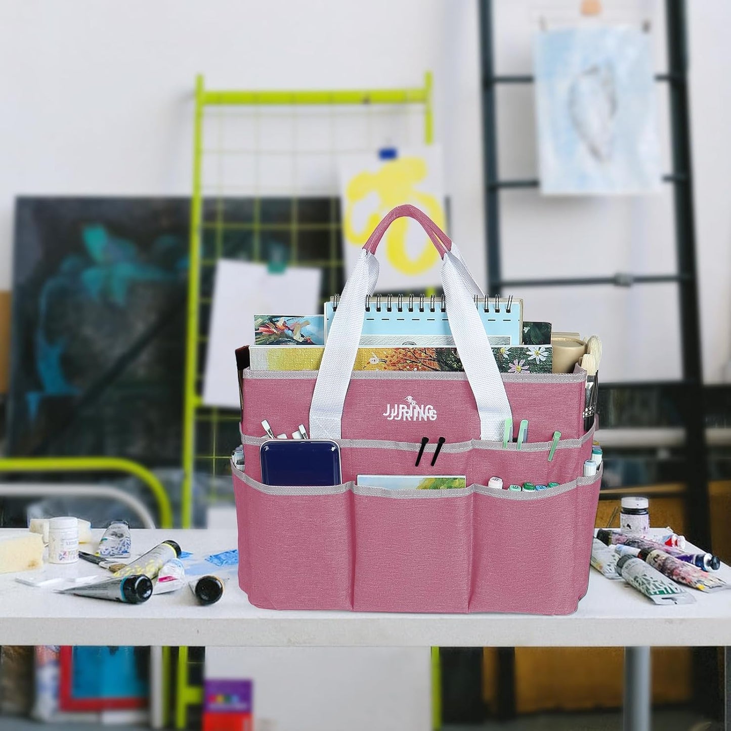 JJRING Craft Organizer Tote Bag for Art Storage, Caddy with Multiple Pockets, Bluish Green Sewing Bag for Scrapbooking, School, Medical, and Office Supplies