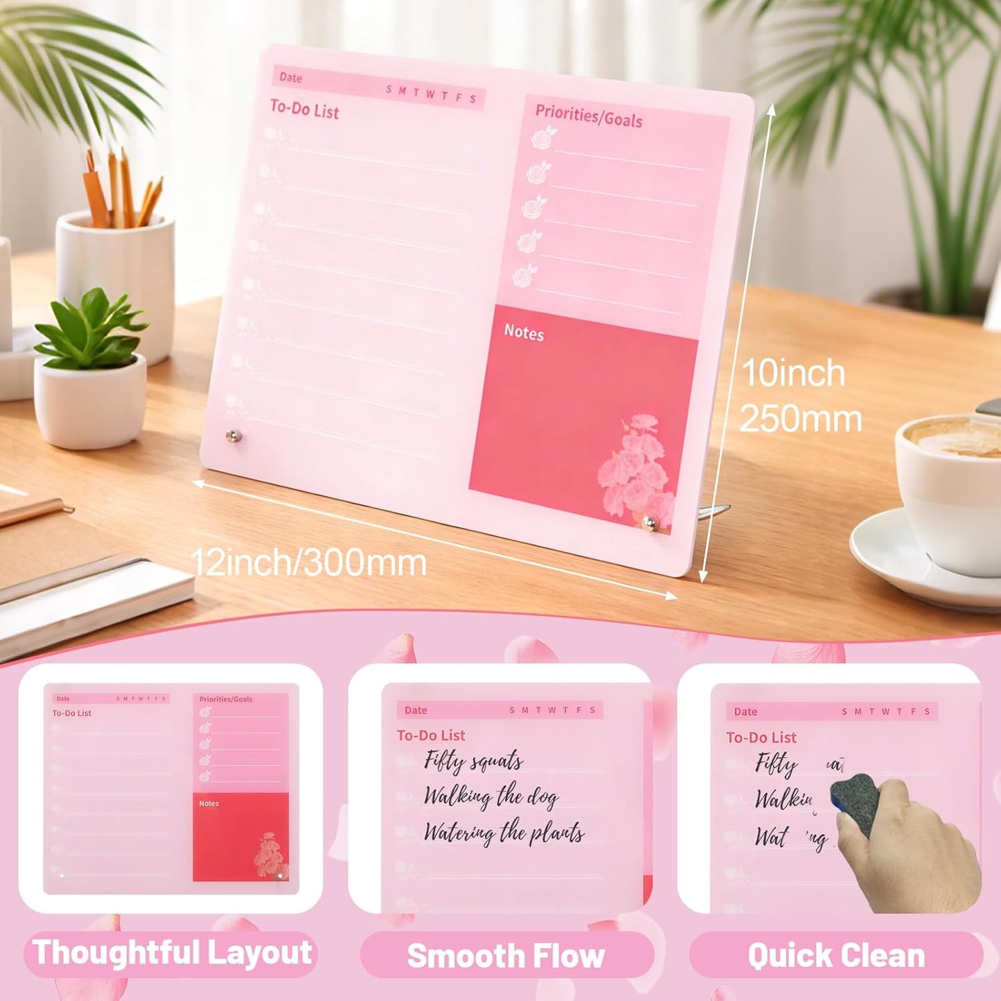 LeMotech Desktop Acrylic Dry Erase Board, 12x10 inches to-Do List Planner, Tabletop Whiteboard with Stand Office Supplies Includes 2 Markers & 1 Eraser, Pink Rose Pattern, 1 Pack