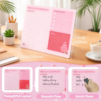 LeMotech Desktop Acrylic Dry Erase Board, 12x10 inches to-Do List Planner, Tabletop Whiteboard with Stand Office Supplies Includes 2 Markers & 1 Eraser, Pink Rose Pattern, 1 Pack