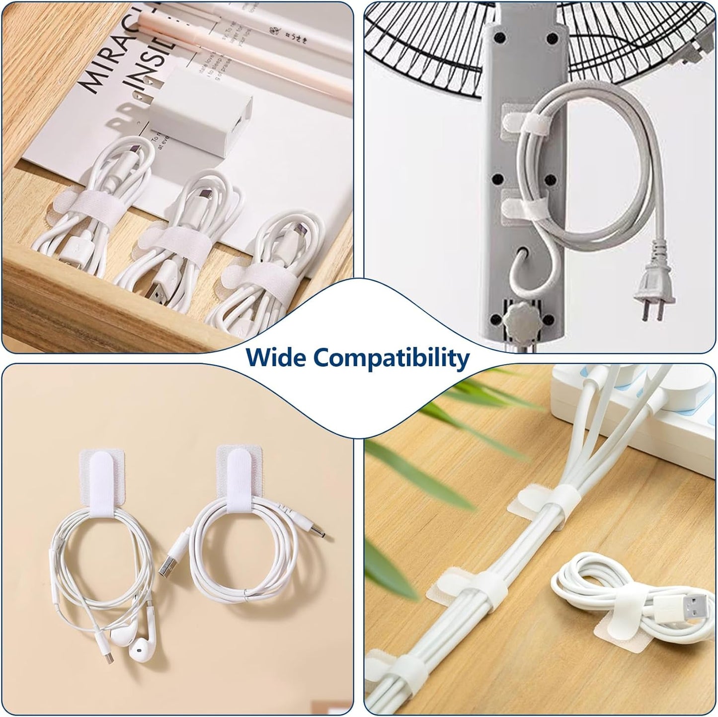 Abnii 50 PCS Hook and Loop Cable Ties, Under Desk Cable Management, Self Adhesive Cable Clips Straps, Sticky-Back Cord Organizer, Wire Organizer for TV PC Laptop Ethernet Desktop, White
