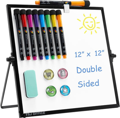 TSJ OFFICE Small White Board - 12 X 16 Inches Small Magnetic Dry Erase Board with Hooks for Wall, Desktop Whiteboard Stand 360 Degrees Revolving Double Sided for Office, Home, School, Silver