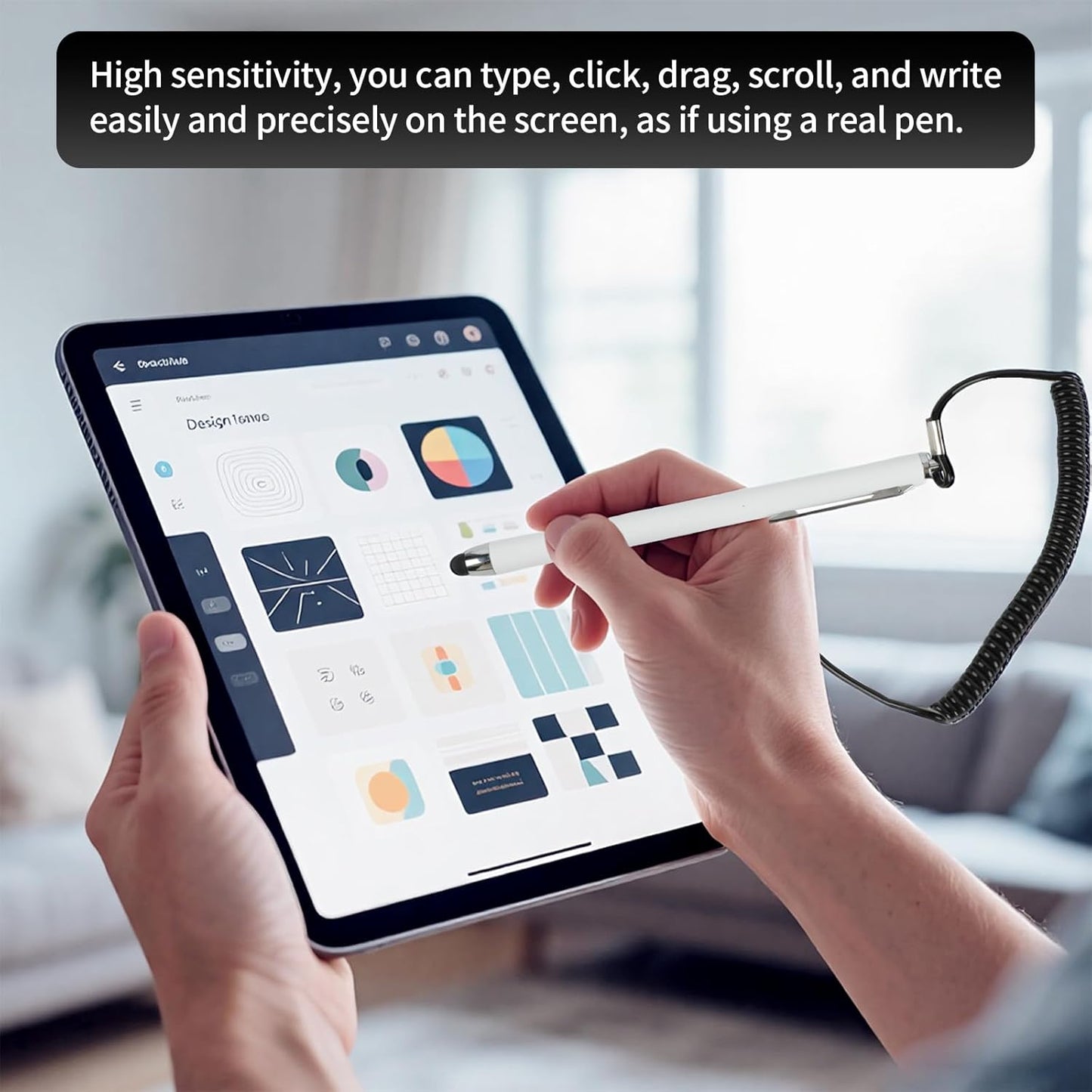 Stylus Pen with Holder and Spring Tether – 6mm Soft Tip Touch Screen Pen for Capacitive Screens, Anti-Loss Stylus with Dock for iPad Android Tablets Laptop Car GPS – No Bluetooth or Battery Needed