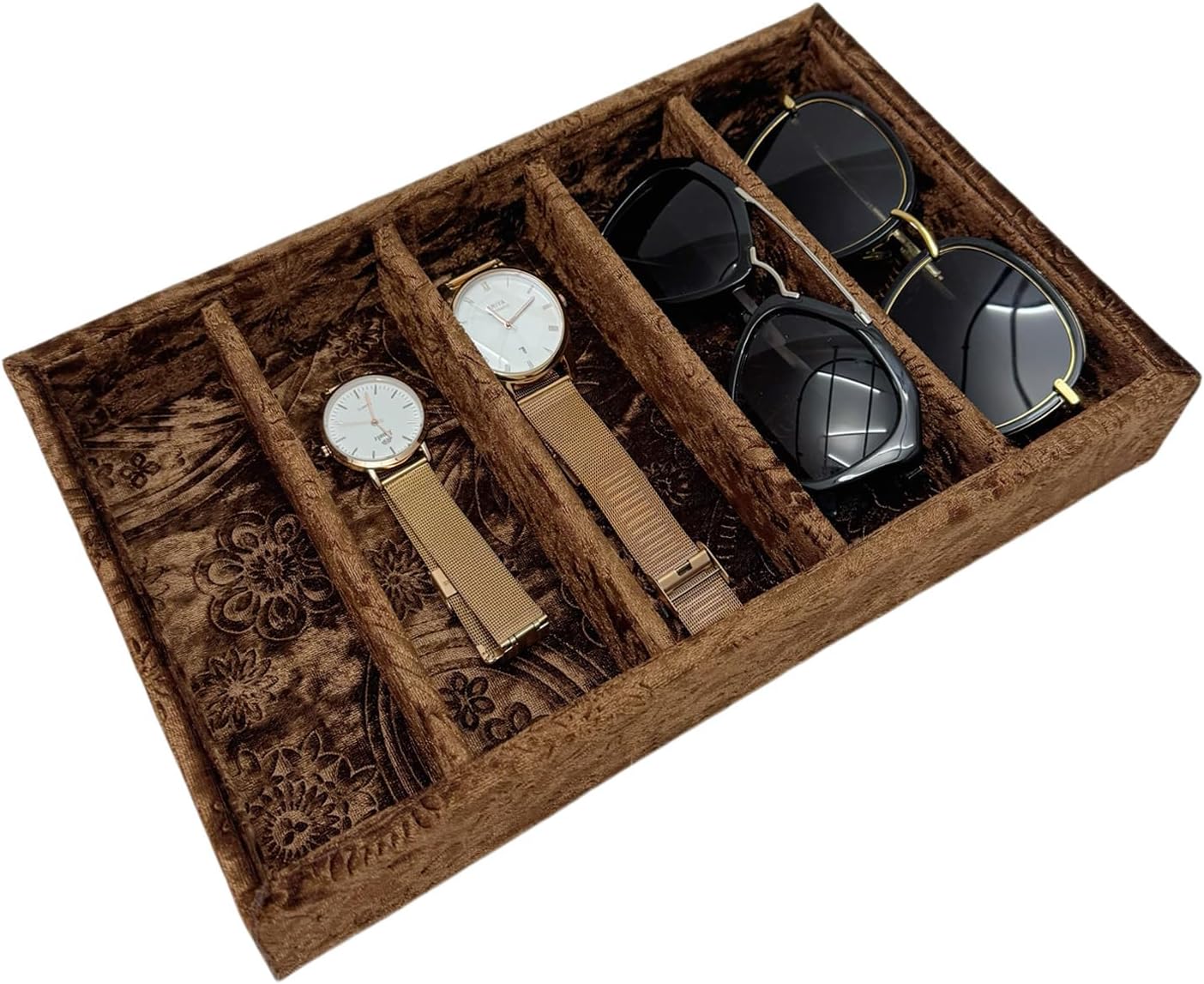 AgentMoon 5-Compartment Velvet Sunglasses & Jewelry Organizer Tray – Adjustable Dividers, Sturdy Wood, Non-Slip Storage for Watches, Glasses, Bracelets, Desk or Drawer.(Tabby Red)