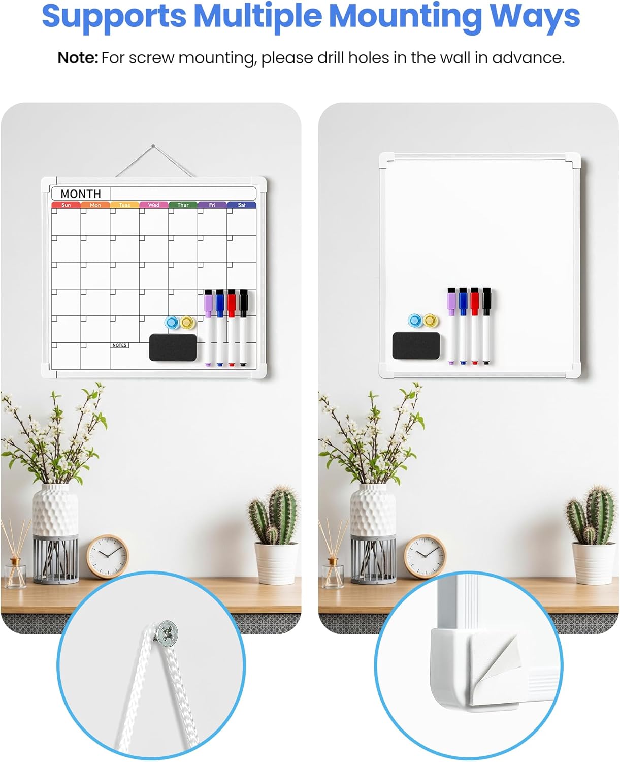VITEVER Calendar Whiteboard for Wall, Double-Sided Dry Erase Board, Hanging Monthly Planning Board, Small White Board for Memo, to Do List, Home, Kitchen, Office Accessories