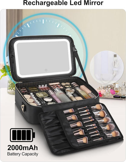 Relavel Travel Makeup Bag With LED Mirror, Cosmetic Train Case with Light up Mirror, Portable Makeup Artist Organizer Bag with Adjustable Dividers, Makeup Brush Holder Storage, Black