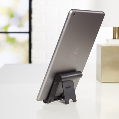 Amazon Basics Multi-Angle Portable Foldable Stand for Tablets, E-Readers and Phones, Non-Slip Desktop Holder for iPads, iPhones, Kindles, Hands-Free Viewing - Silver