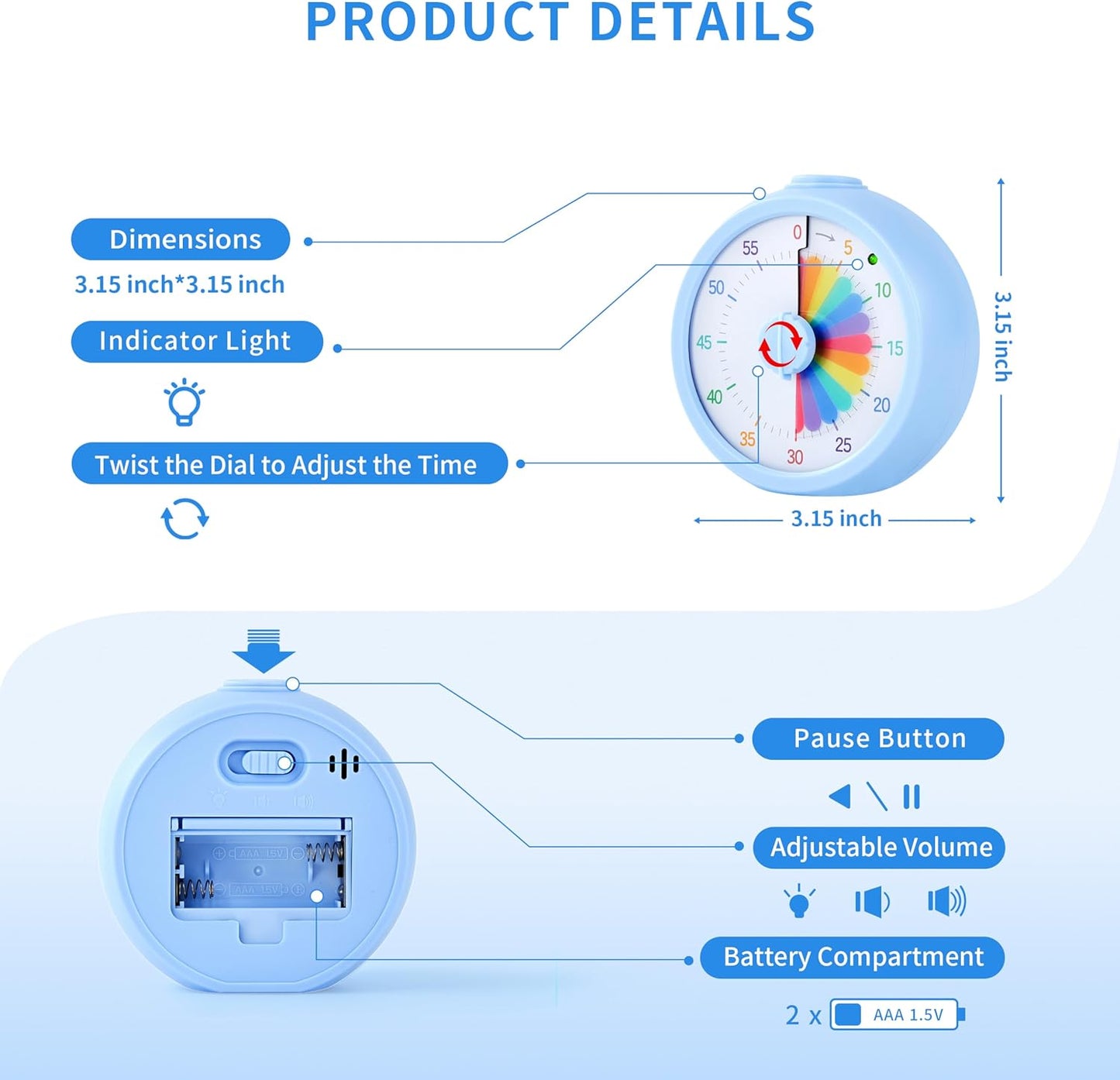 Visual Timer, 60-Minute Countdown Timer for Kids and Adults with Adjustable Volume, Rainbow Design Time Management Tools with Silent Operation, Suitable for Classroom, Office and Home (Blue)