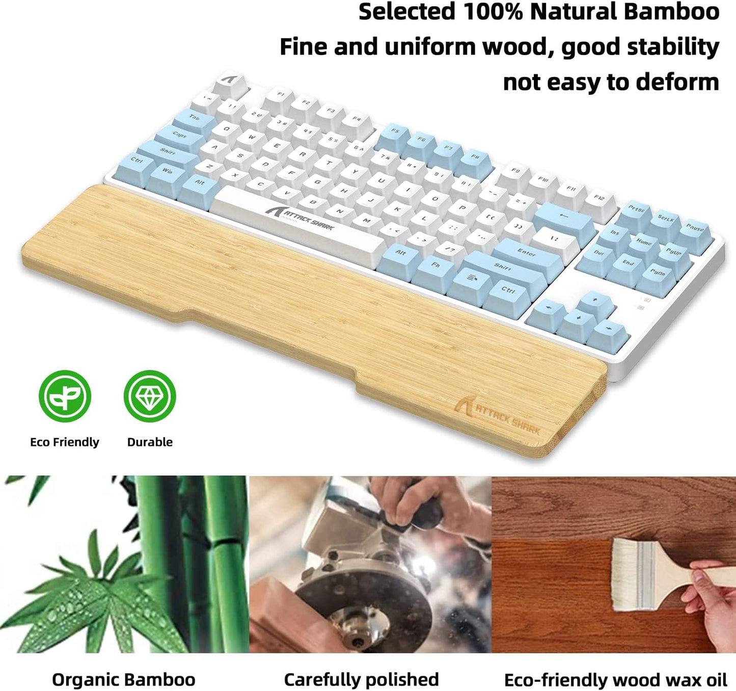 ATTACK SHARK Bamboo Wrist Rest for Computer Keyboard，Ergonomic Hard Palm Rest for Comfortable Typing Pain Relief，Anti-Slip Wrist Support for Office, Gaming, Laptop (98 Key)