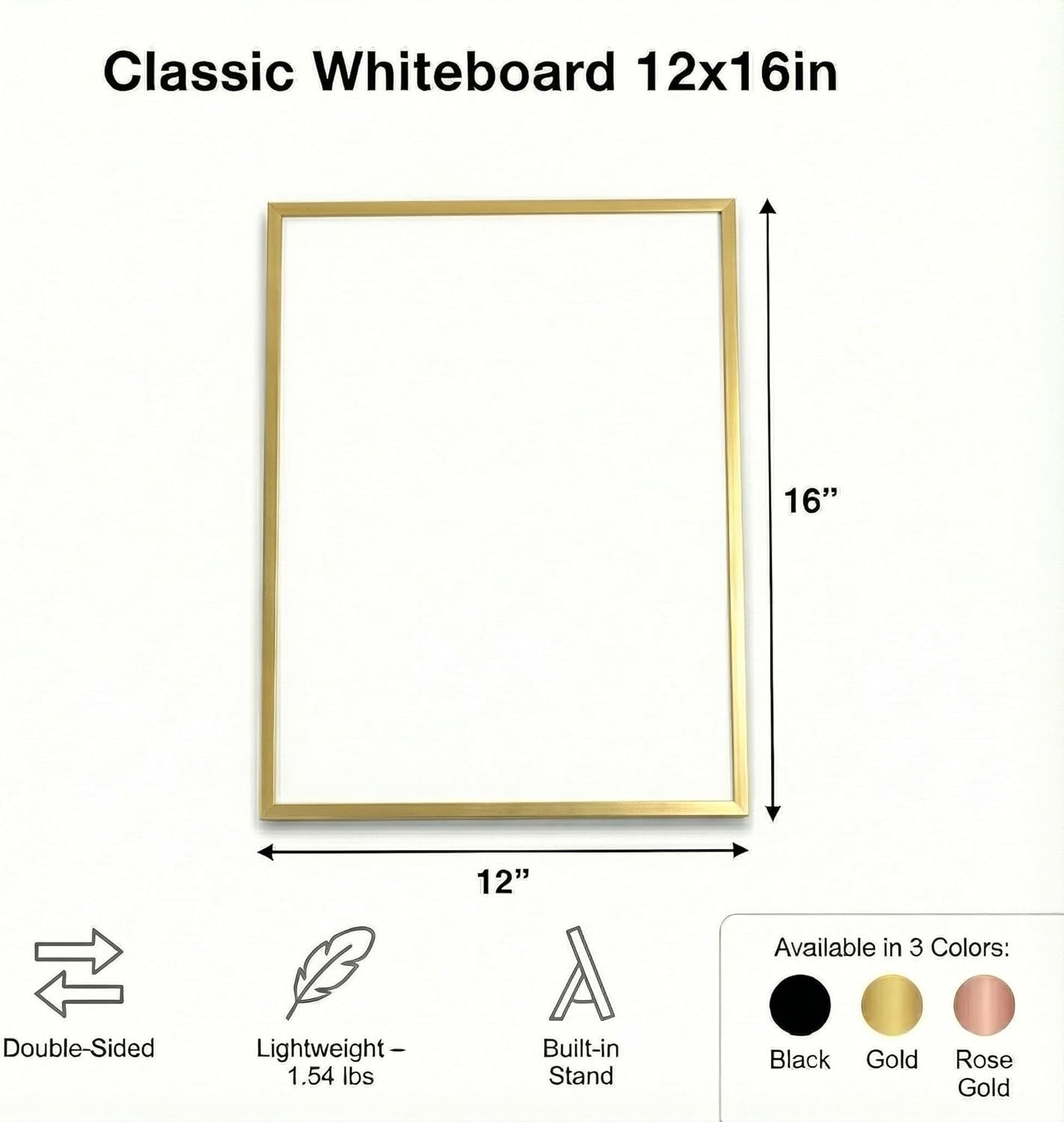 Magnetic Dry Erase Board 12x16 with Foldable Stand, Portable Gold Desktop Whiteboard for Home, Office, School & Kitchen, Includes Weekly & Monthly Magnetic Planner Sheets