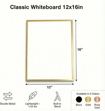 Magnetic Dry Erase Board 12x16 with Foldable Stand, Portable Gold Desktop Whiteboard for Home, Office, School & Kitchen, Includes Weekly & Monthly Magnetic Planner Sheets