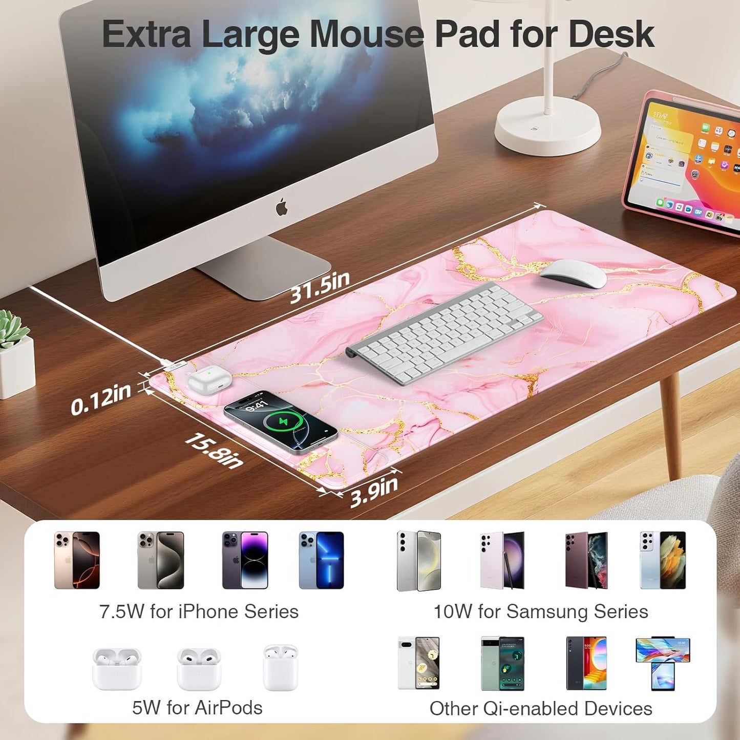 Wireless Charging Mouse Pad with Foldable Phone Holder, 31.5"x15.8" Large Desk Mat for Laptop/Keyboard, Waterproof Ultra-Smooth Surface, Non-Slip Base, Black