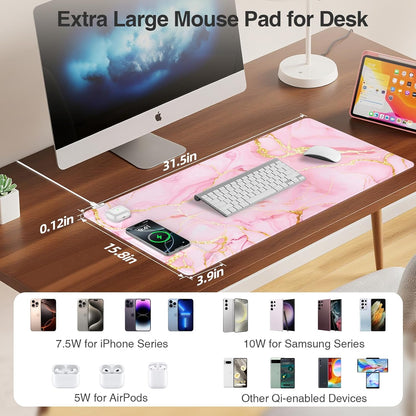 Wireless Charging Mouse Pad with Foldable Phone Holder, 31.5"x15.8" Large Desk Mat for Laptop/Keyboard, Waterproof Ultra-Smooth Surface, Non-Slip Base, Black