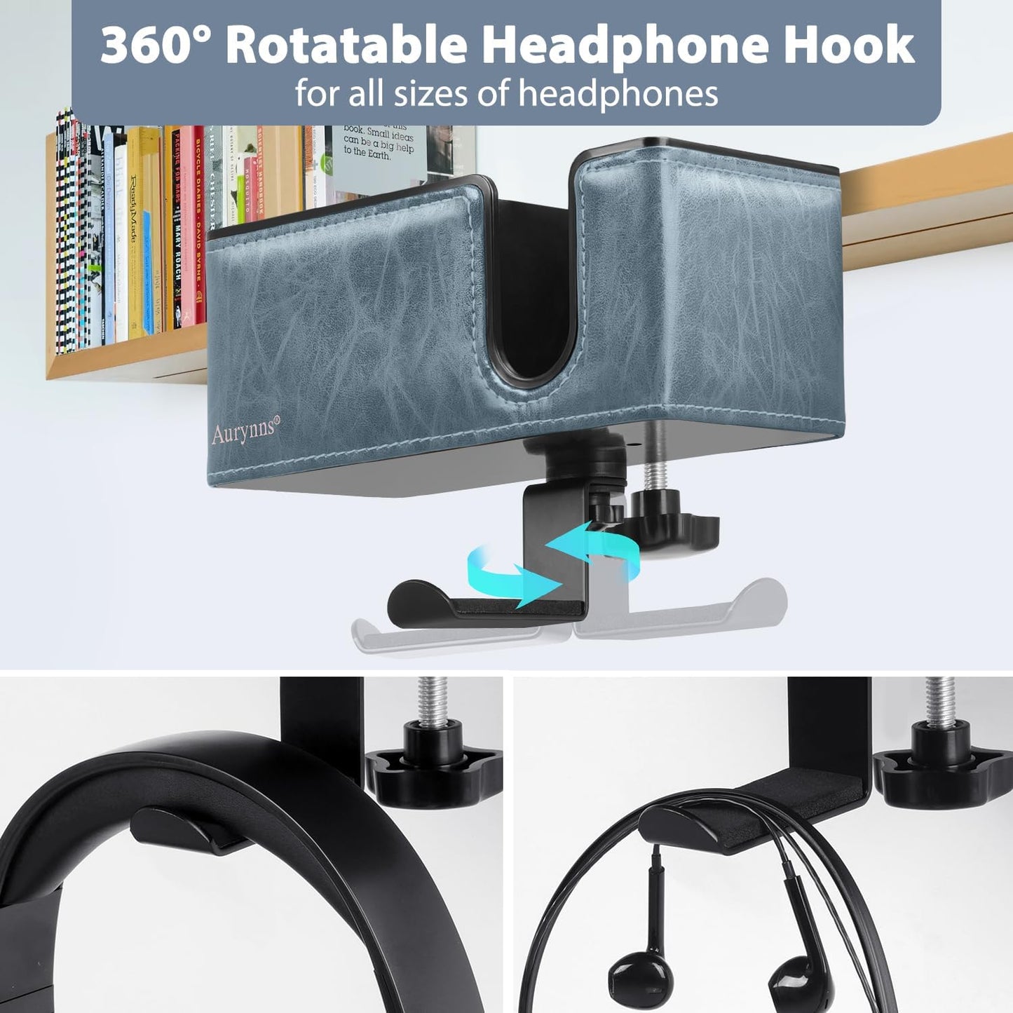 Desk Cup Holder Clip on Pen Holder Headphone Hanger Headset Stand Rotatable Clamp Hook Under Desk (Black)