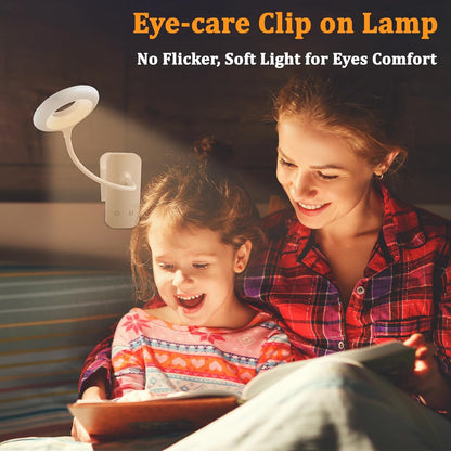 Clip on Light Rechargeable with Large Clamp, Battery Operated Bed Headboard Reading Lamp - 5 Colors 5 Brightness, Flexible Arm Book Light at Night for Kids Desk Bunk Metal Bed Frame (Black)