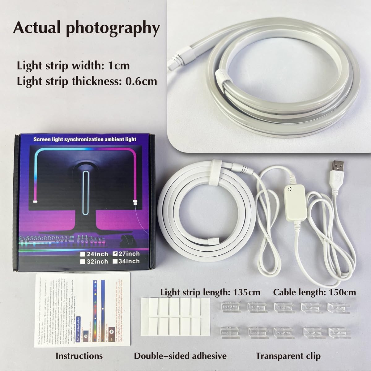 Monitor LED Backlights, LED Strip Light Sync with Screen Color/Music, Computer Light Bar Behind Screen, for PC/Mac, LEDs for Desk Gaming, USB Interface,Software Control (24 inch)