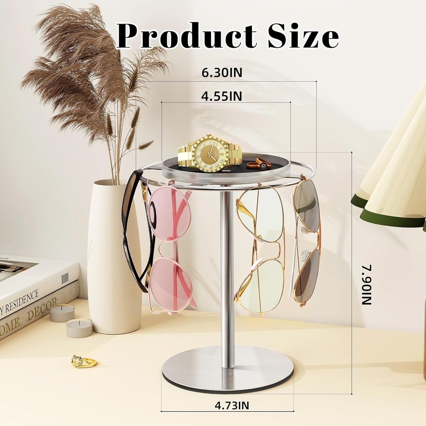 LSK Metal Sunglasses Organizer, Glasses Holder Stand with Storage Tray, Eyeglasses Holder with Anti-Slip Pads for Tabletop, Desk, Dresser, Matte Black