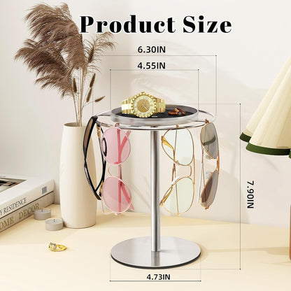 LSK Metal Sunglasses Organizer, Glasses Holder Stand with Storage Tray, Eyeglasses Holder with Anti-Slip Pads for Tabletop, Desk, Dresser, Matte Black