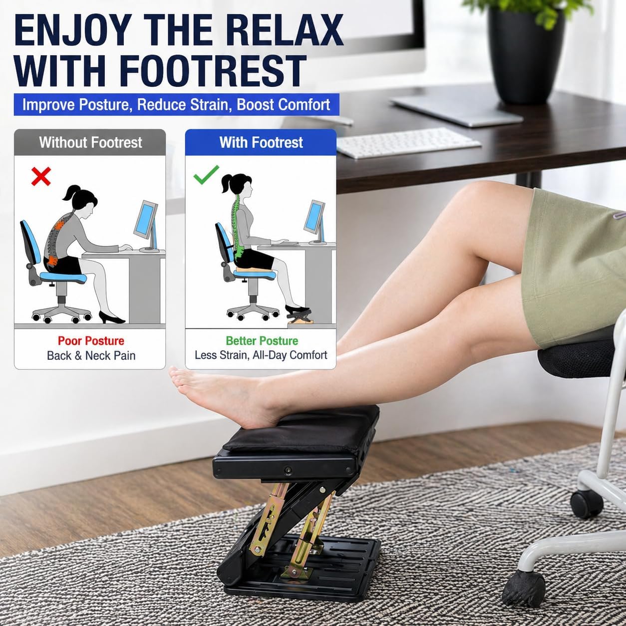 Foot Rest for Under Desk at Work 4-Level Height Adjustable, Ergonomic Foldable Footrest for Office, Gaming,Computer, Soft & Removable Pad Desk Foot Stool Suitable for All Seasons