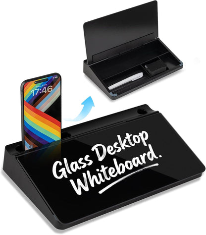 Glass Desktop Whiteboard 15.8×7”, Dry Erase Note Memo Board, Desk Organizer with Storage for Office, Home, Study, Black