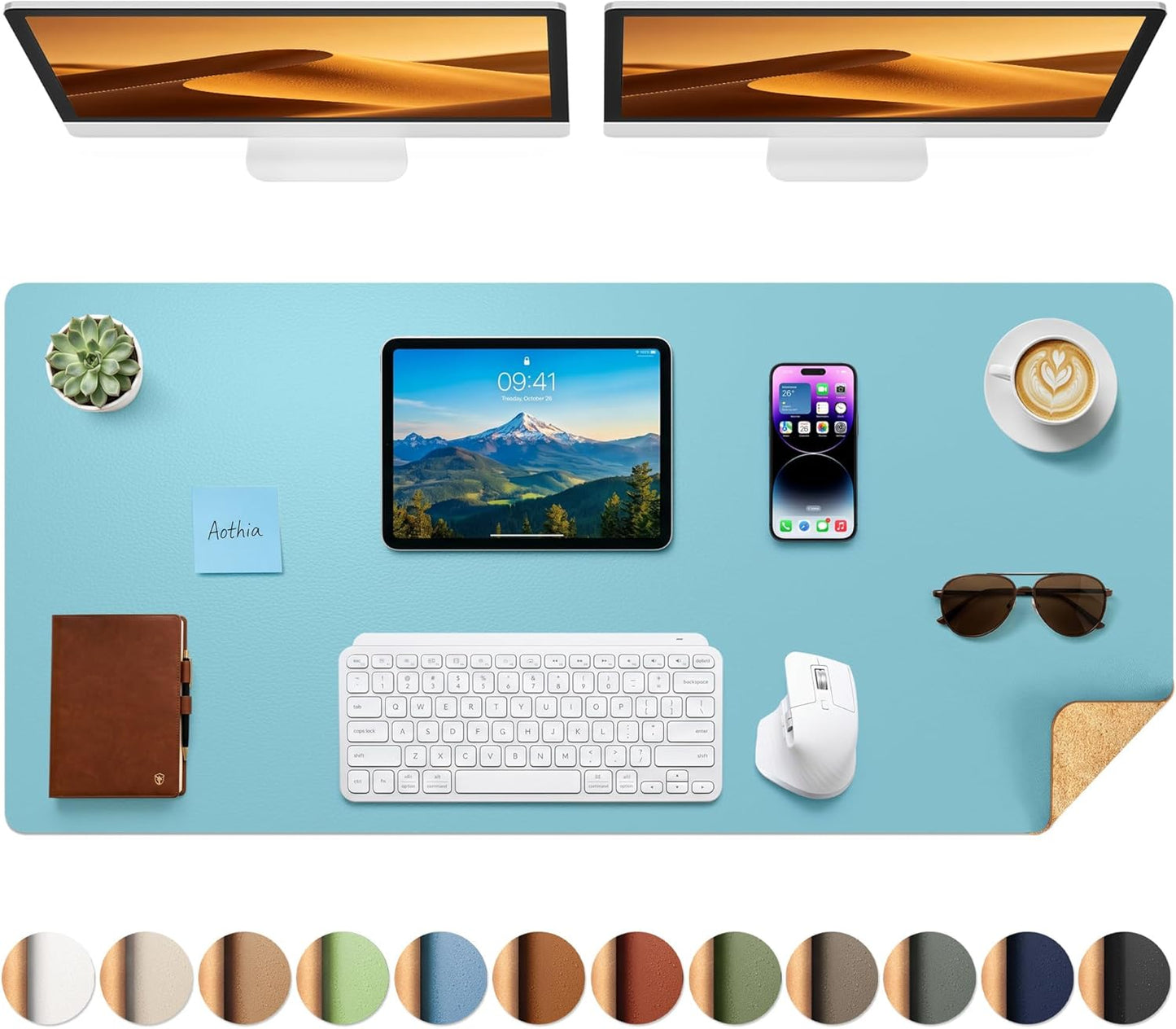 Aothia Dual-Sided Desk Pad - 25.6x13.7 inches Leather Desk Mat, Natural Cork Desk Pad Protector, Large Mouse Pad for Desk, Waterproof Desk Blotter Pad, Desk Writing Pad for Office Work/Home, Black