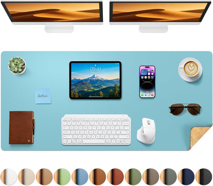 Aothia Dual-Sided Desk Pad - 25.6x13.7 inches Leather Desk Mat, Natural Cork Desk Pad Protector, Large Mouse Pad for Desk, Waterproof Desk Blotter Pad, Desk Writing Pad for Office Work/Home, Black