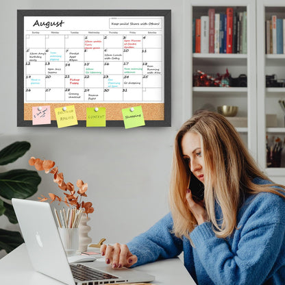 Calendar Whiteboard for Wall, TANKEE 17x13 Inches Whiteboard Calendar Cork Board Combo, Small Magnetic White Board with Wood Framed, Hanging Dry Erase Board for Kitchen Home Office School Planner