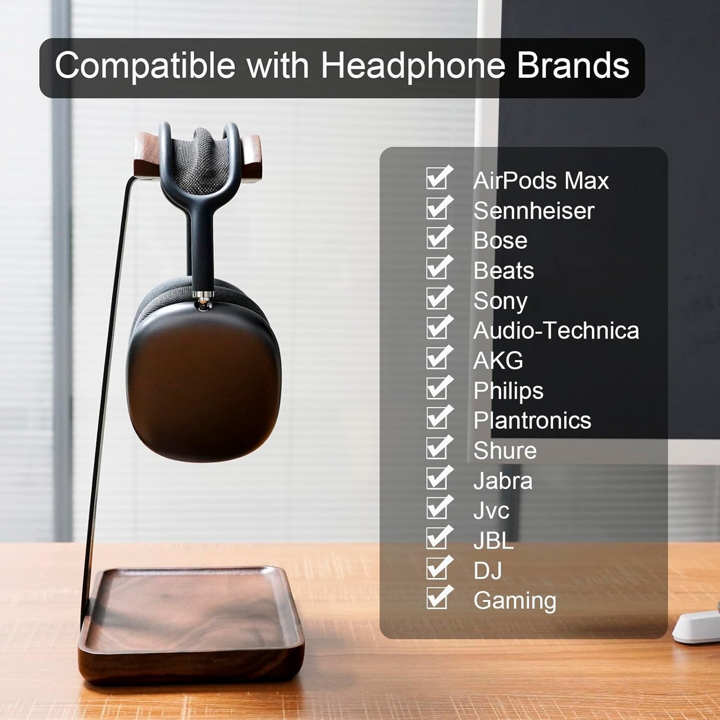 GEVO Headphone Stand, Walnut Wood Headset Stand with Storage Base, Gaming Equipment Accessories for Husband, Teens, Boyfriends, Brothers, and Gamers