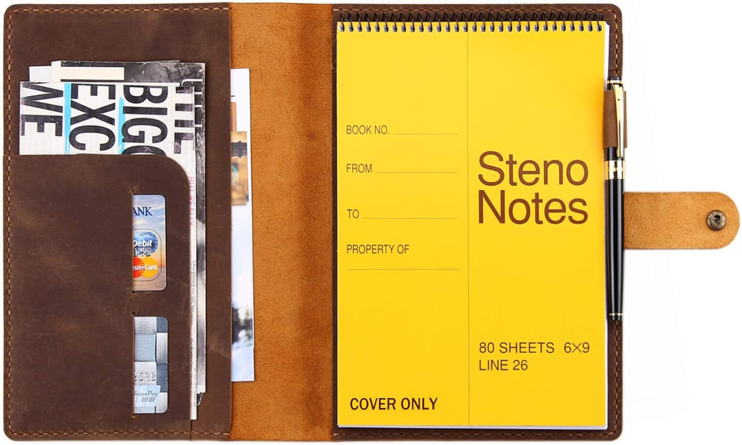 Robrasim Leather Cover for 6"x9" Steno Notebook, Leather Folio Cover Compatible with 6x9 Spiral Steno Pads, A5 Notebook Organizer with Pen Loop - Brown