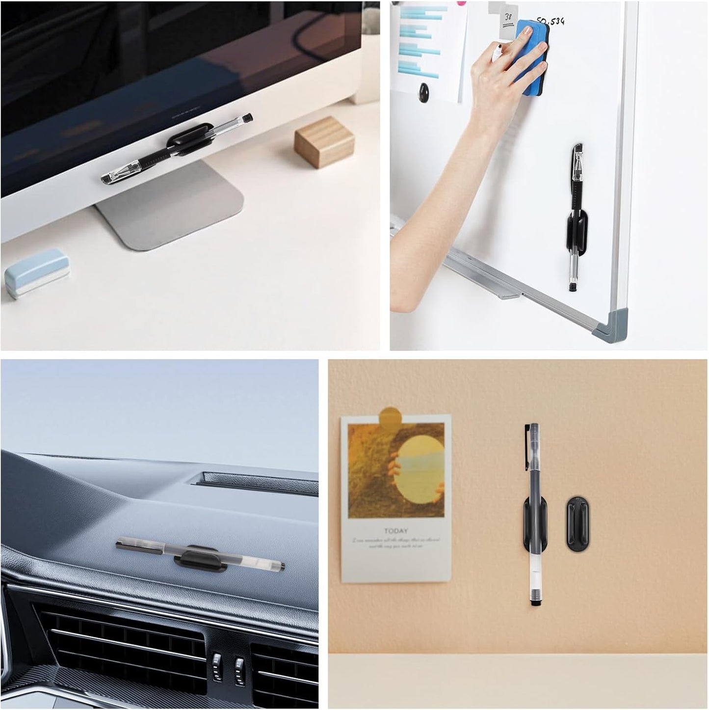 TENOC 3 Pack Adhesive Pen Holder, Silicone Pencil Holder for Desk & Wall, Flexible Marker Clip Organizer for Classroom, Car, Clipboard & Office, Oval, Black
