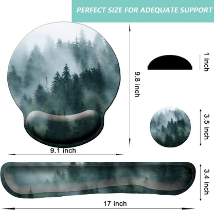 Keyboard Wrist Rest Pad Mouse Pad with Wrist Support Set of 3, Mousepad with Non-Slip Rubber Base, Ergonomic Memory Foam Mouse Wrist Cushion Support for Home Office Laptop Computer Gaming, Forest