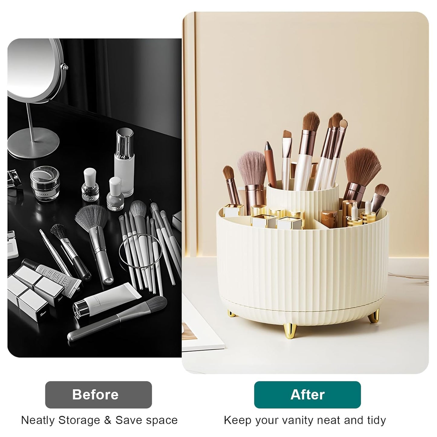 Diesisa Makeup Brush Holder Organizer,360° Rotating Makeup Brush Organizer,5 Slot Make up Brushes Cup for Cosmetics, Nail Polish, Art Supply, Bathroom Vanity Desktop Organizer - White