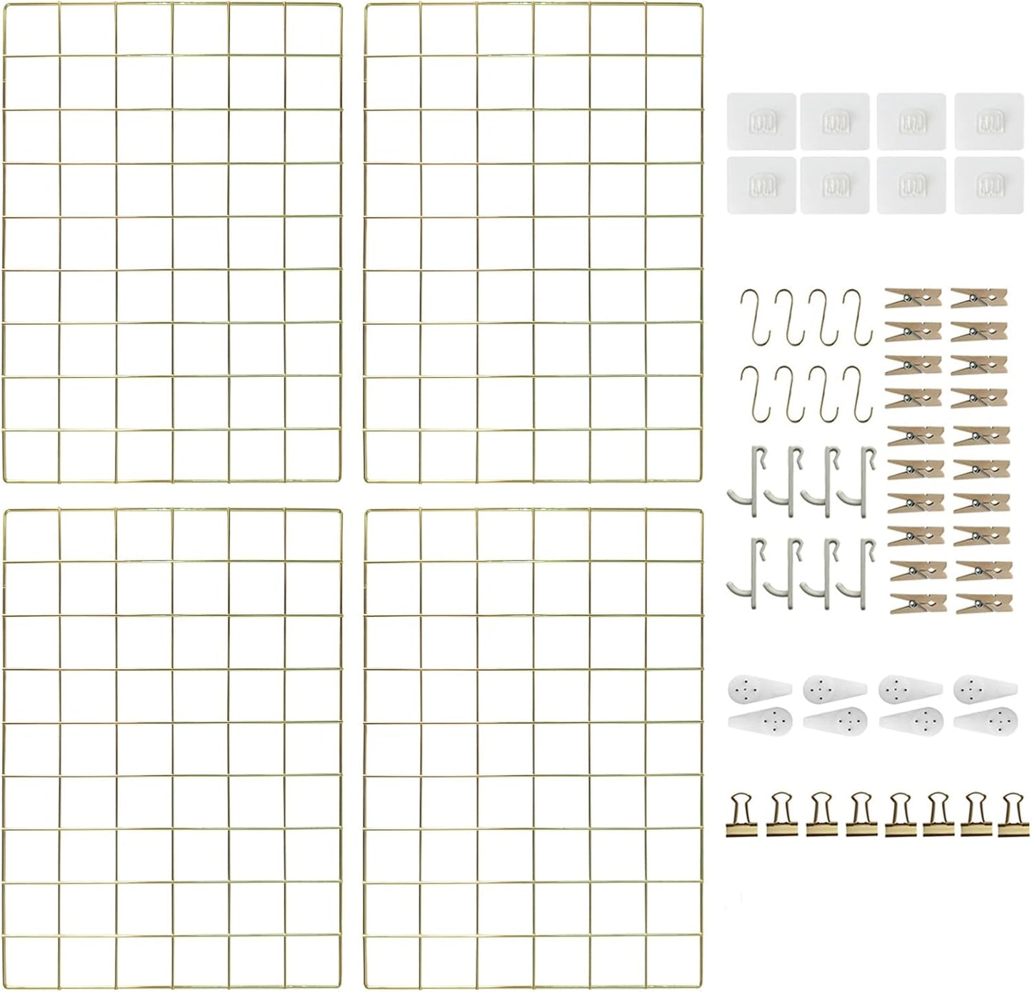CIKLCIX Metal Grid Wall Panel, Wire Grid Photo Display Organizer, 17.3"×11.8" Gold Wire Board Grid Wall, Grid Picture Frame, 2-Pack Wire Mesh Memo Board With Clips and Hooks