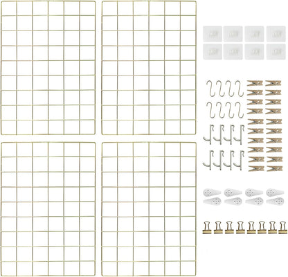 CIKLCIX Metal Grid Wall Panel, Wire Grid Photo Display Organizer, 17.3"×11.8" Gold Wire Board Grid Wall, Grid Picture Frame, 2-Pack Wire Mesh Memo Board With Clips and Hooks