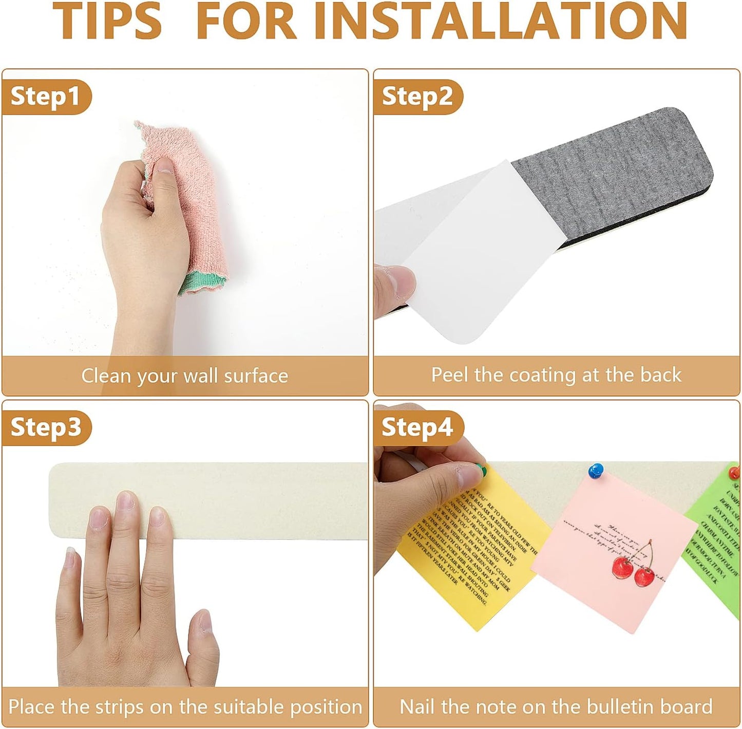 Felt Pin Board Bar Strips Bulletin Board for Bedrooms Offices Home Wall Decoration, Notice Board Self Adhesive Cork Board with 35 Push Pins for Paste Notes, Photos, Schedules