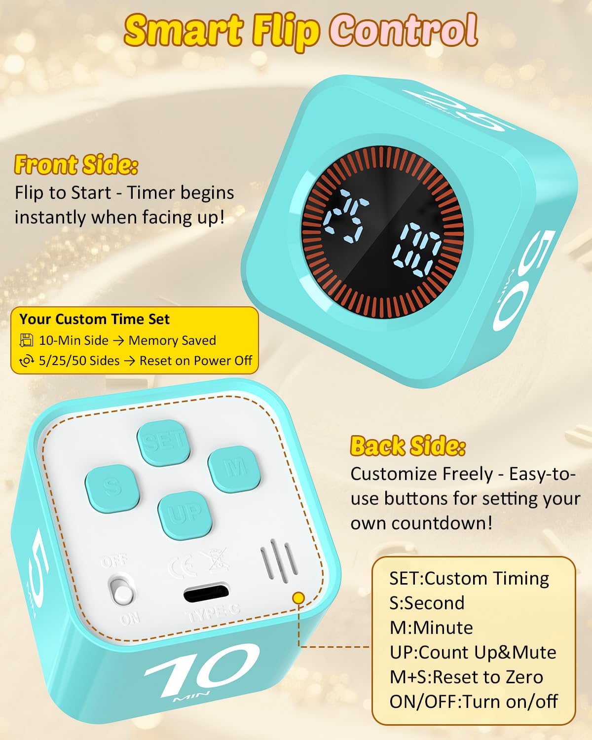 Digital Pomodoro Timer Cube 5/10/25/50min, Visual Productivity Flip Timer for Kids Classroom Desk, Custom Countdown, Silent and Sound Mode for ADHD Study Work Game Kitchen (Pink)