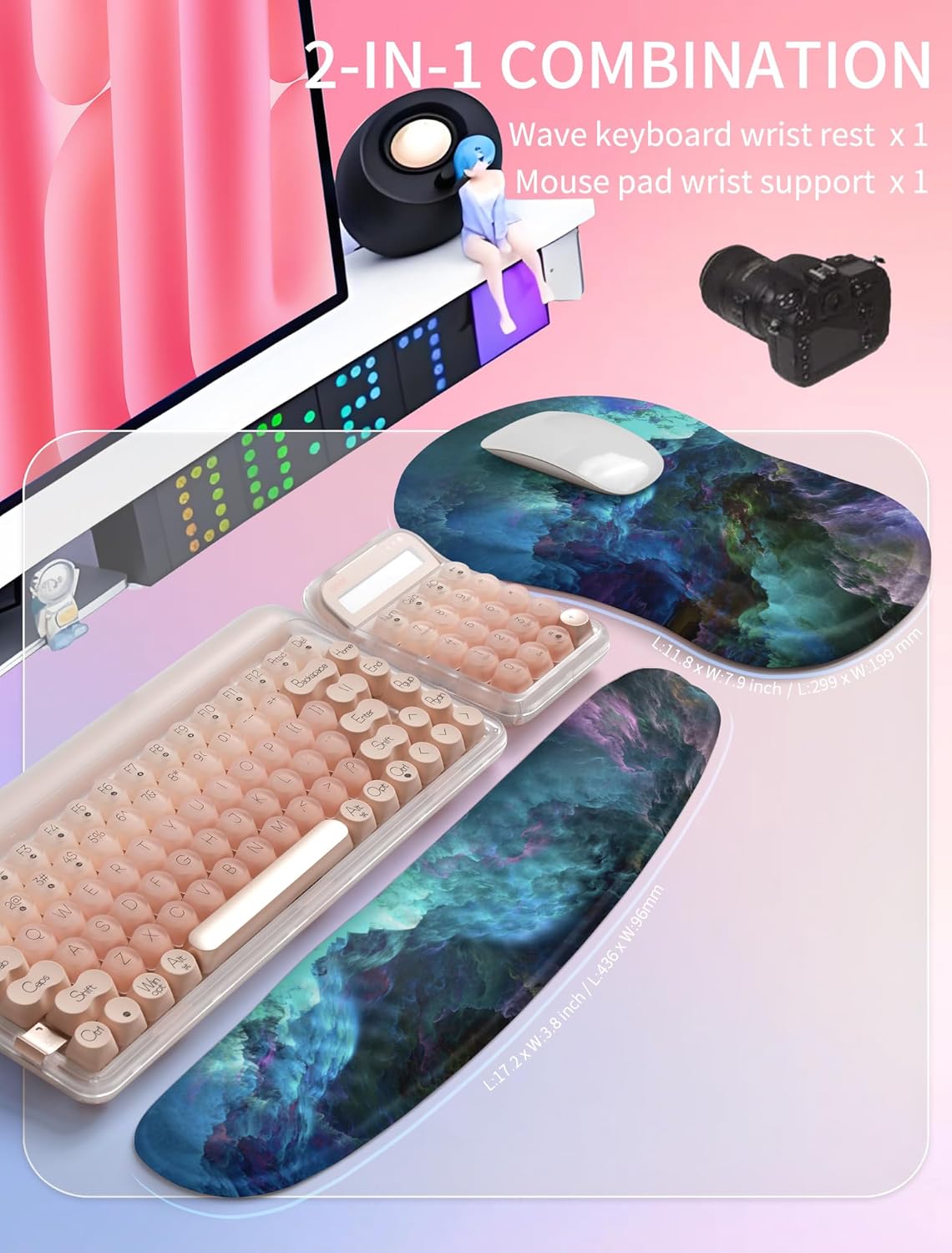 Hokafenle 2in1 Combination, Wave Keyboard Wrist Rest and Ergonomic Curvature Mouse Pad Wrist Support for Relieve Wrist Pain, Filled with Soft Cushion Memory Foam, Black