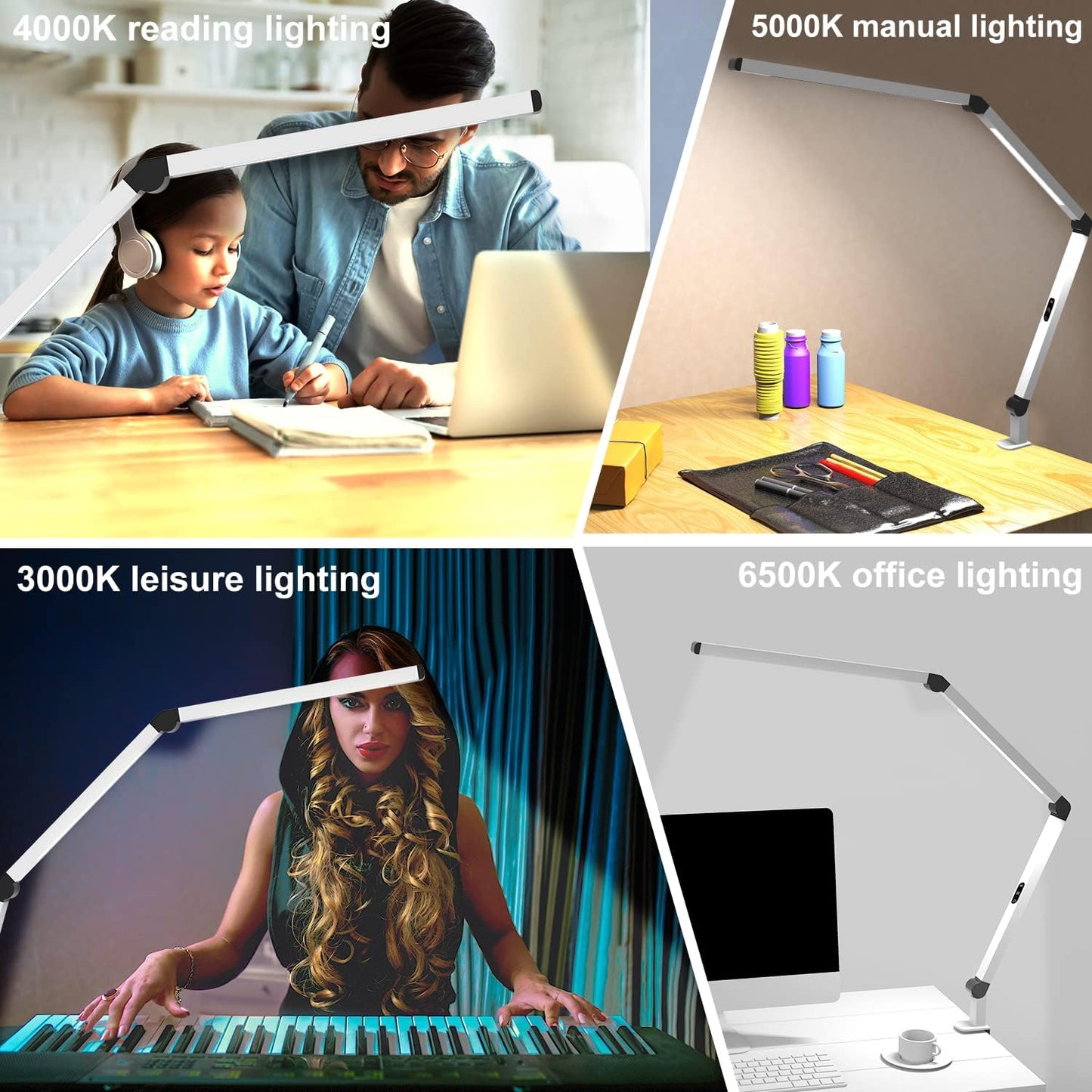 LED Desk Lamp with Clamp, Architect Desk Lamp with Dual Light and Adjustable Swing Arm, Clip-on Eye-Care 4 CCT Modes & 5 Brightness Levels Table Light Modern Computer Lighting for Home Office
