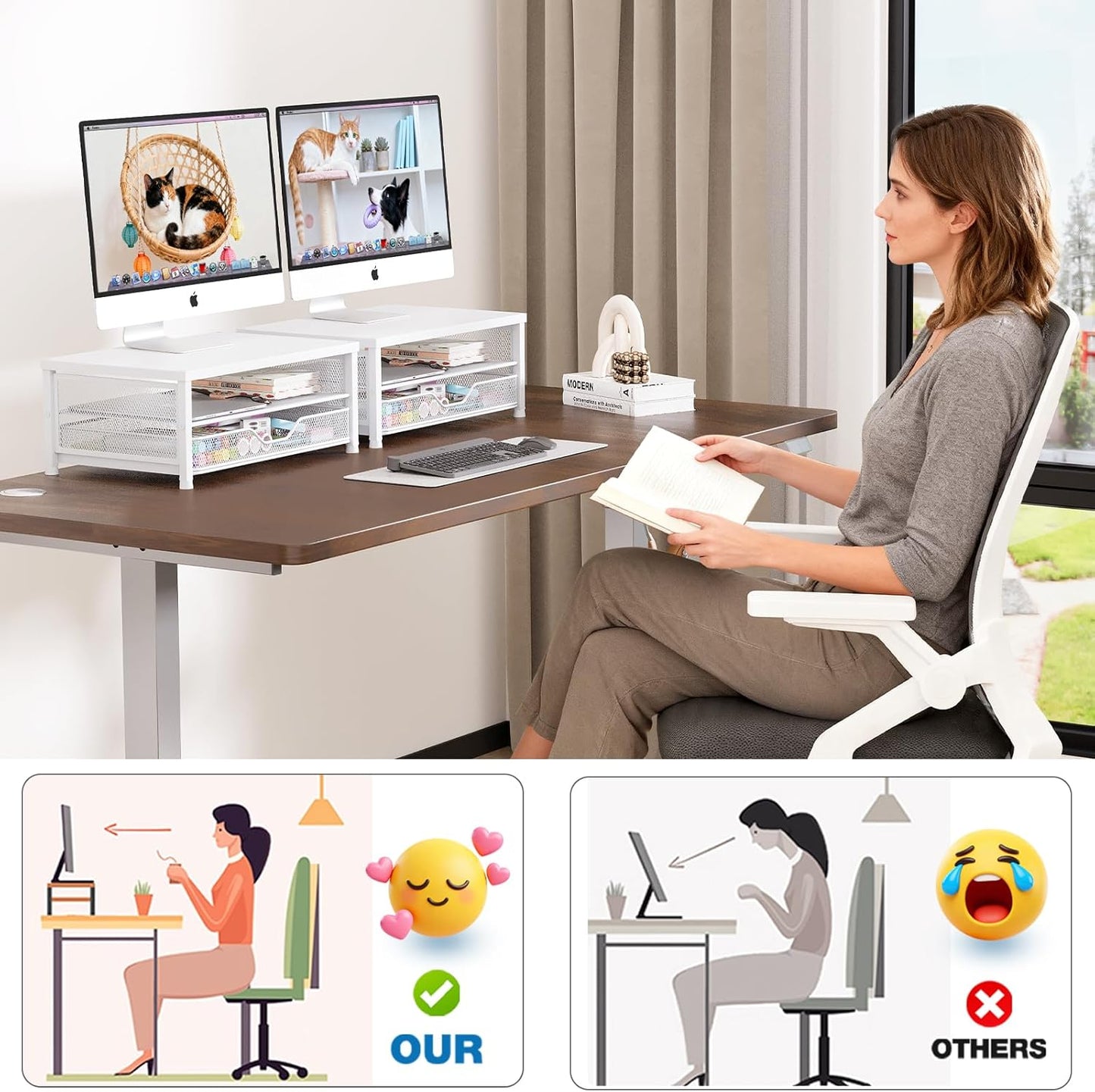 OPNICE Computer Monitor Stand Riser, Desk Organizer with Drawer, Printer & Laptop Stand, Office Desk Accessories & Workspace Desktop Organizers Storage for Office Supplies(Black)