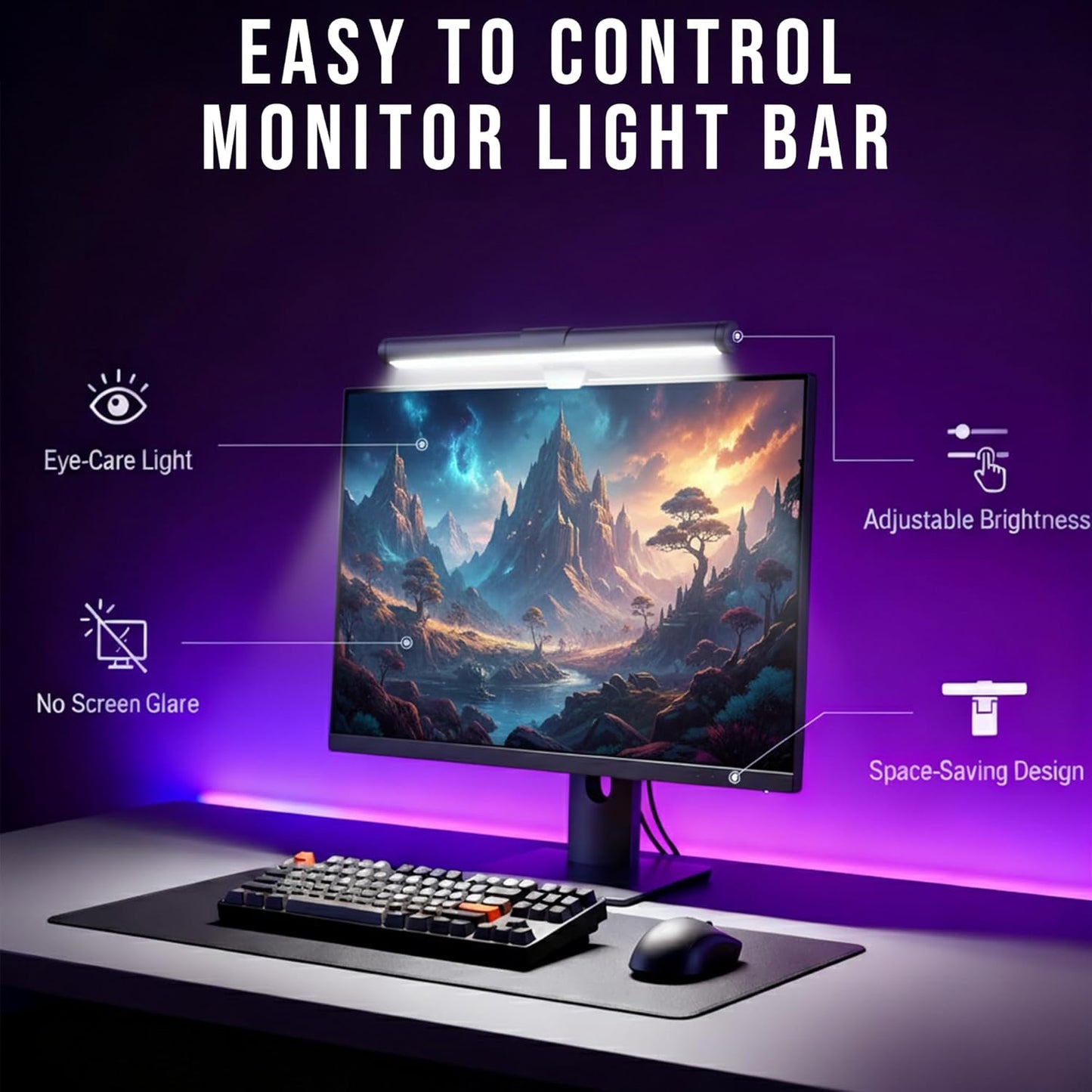 Monitor Light Bar with Touch Control, RGB Desk Lamp Full Spectrum Screen Lamp, Glare-Free Low Blue Light Monitor Lamp with Memory Mode, USB Powered for Gaming, Office & Work