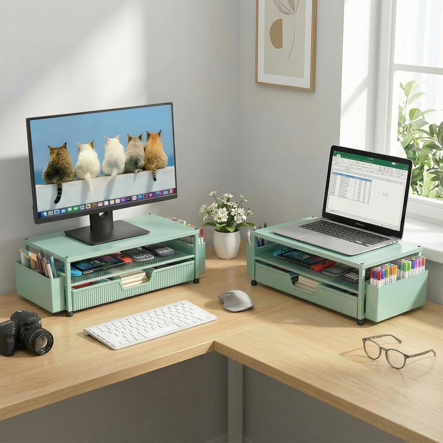 ECOLOVI Desk Organizer and Accessories, 2-Tier Computer Monitor Stand Rise with Storage Drawer & 2 Pen Holders, Laptop & Printer Stand for Desktop, Workspace Organizers for Office Supplies (Brown)