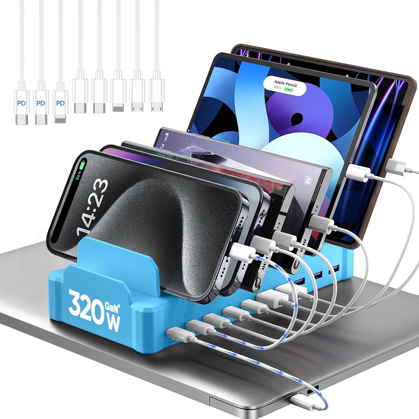 420W Charging Station for Multiple Devices, Zobirez 10-Port USB C Fast Charger Stations for MacBook, iPhone, Android Cell Phone, iPad, Tablet, Family Multi-Device Organizer Charging Dock, White