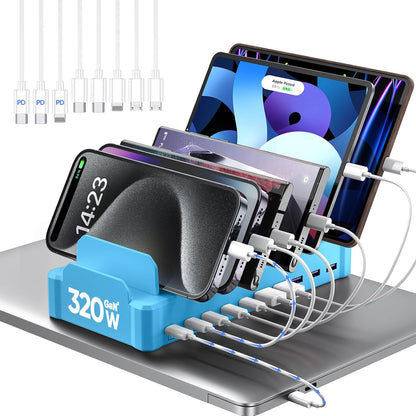 420W Charging Station for Multiple Devices, Zobirez 10-Port USB C Fast Charger Stations for MacBook, iPhone, Android Cell Phone, iPad, Tablet, Family Multi-Device Organizer Charging Dock, White