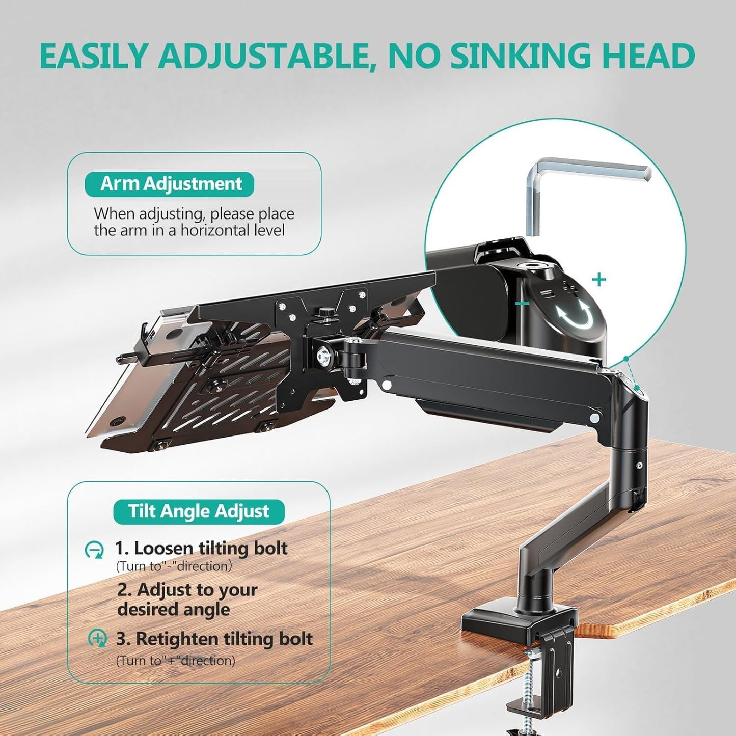 WALI Laptop Desk Mount for 17 inch Notebook, Adjustable Single Monitor Arm with Laptop Holder for 32 inch Screen, Laptops Stand with Ventilated Tray, Up to 22 lbs, (M00LP), Black