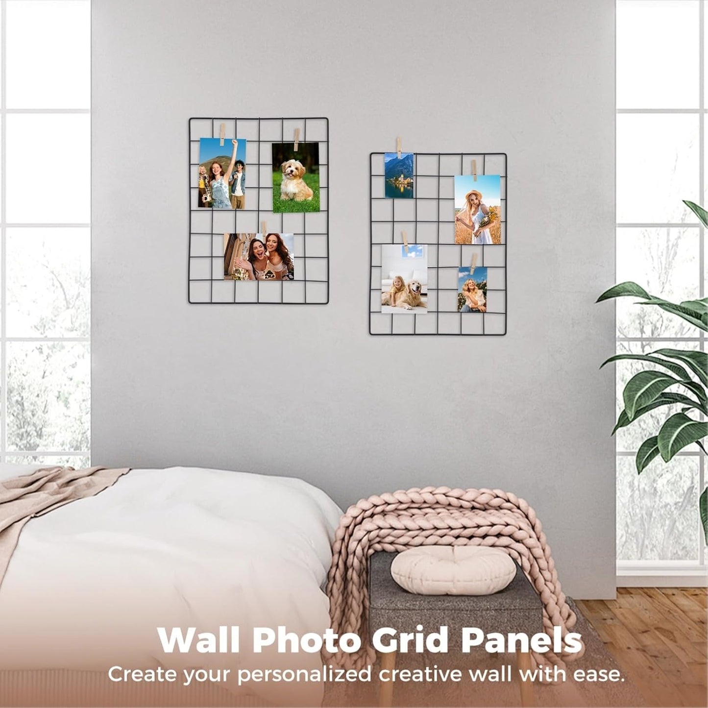 Lnrueg Wire Wall Grid Panel with Wall Grid Shelf with Photo Frames for Photo Display, Metal Mesh Message Board Memo Boards, Heavy Duty Gridwall Display Rack for Art Retail Display (Black-A)